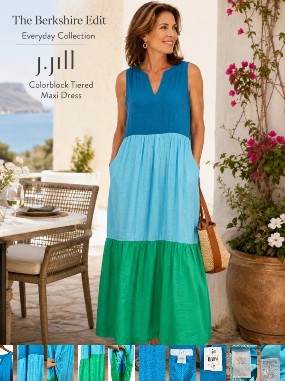 J. Jill Colorblock Tiered Maxi Dress in Teal, Aqua & Green Sz Small